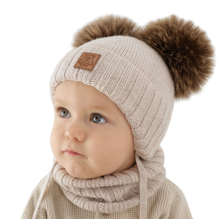 Chlapecká čiapka a nákrčník, zimný set, svetlo béžový, 100% merino vlna, podšitý vlneným polaram, Ronik