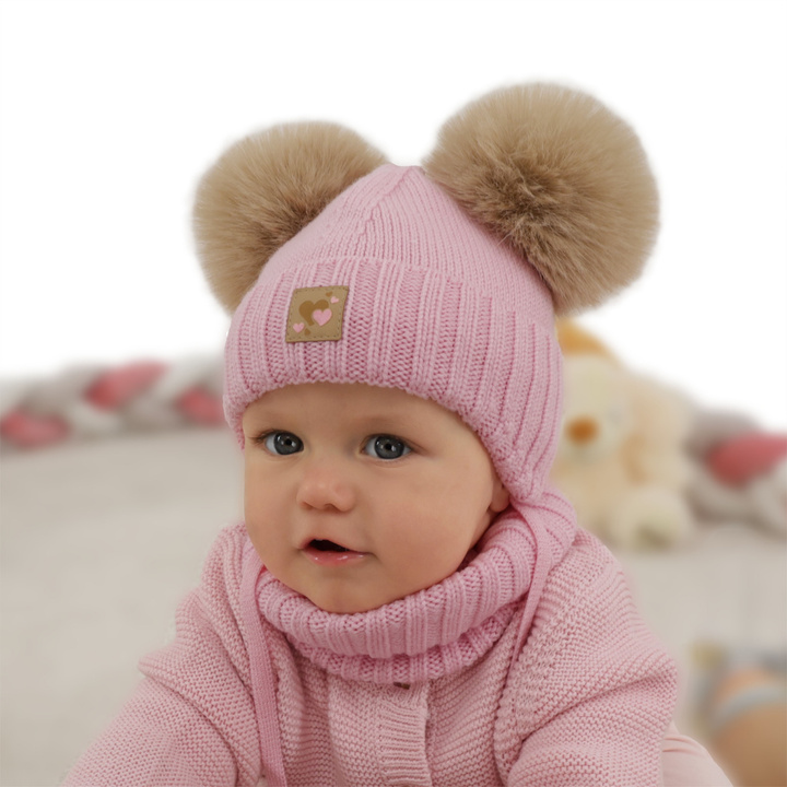 Dievčenská čiapka a nákrčník, zimný set, ružový, 100% merino vlna, podšitý vlneným polaram, Ronia