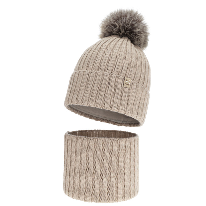 Komplet zimní dívčí: čiapka a tunel, béžový, 100 % merino vlnený, podšitý bavlnou, s brmbolcom, Terida