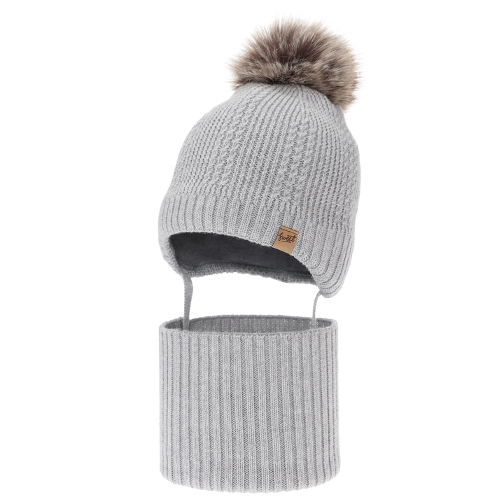 Chlapecká čiapka a nákrčník, zimný set, sivý, 100% merino vlna, podšitý vlneným polaram, na zaväzovanie Danny
