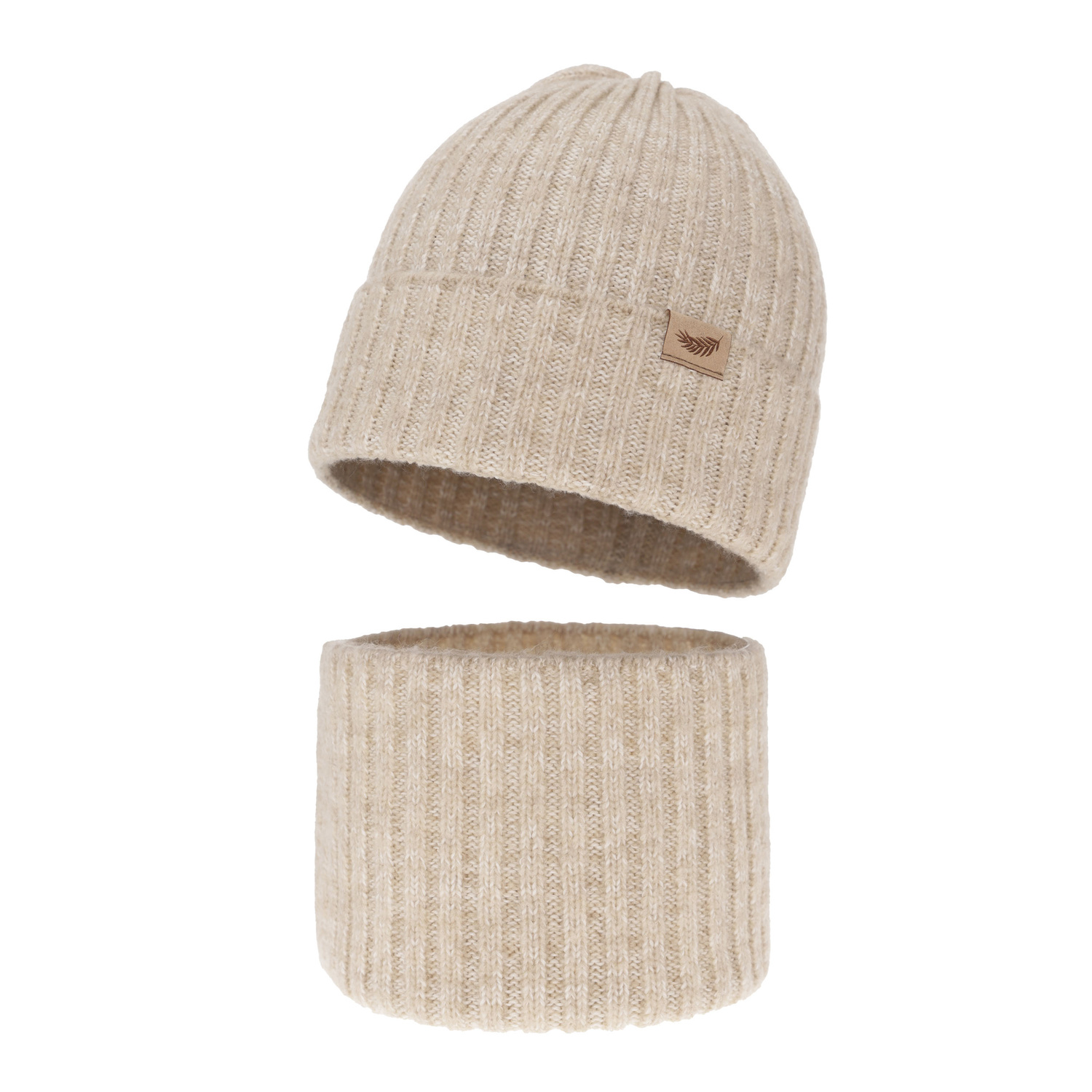 Komplet zimnej dívčej: čiapka a tunel béžový s merino vlnou Karmina