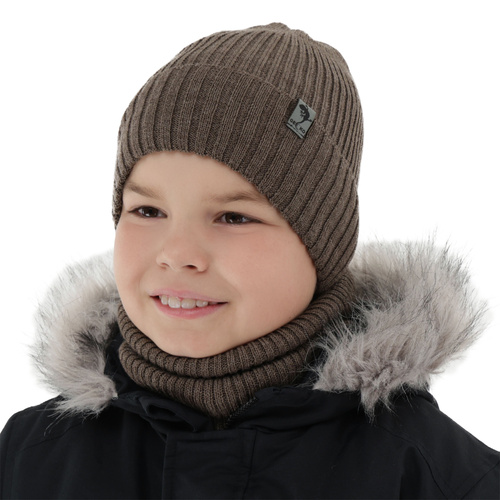 Komplet zimný chlapčenský: čiapka a šál hnědý merino vlna Gecko