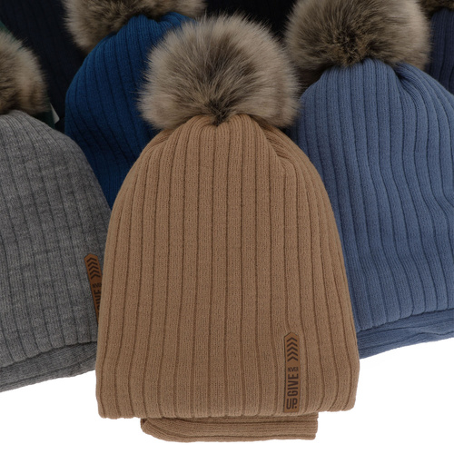 Kompletná zimná detská sada: čiapka a šál camel s bambuľou Kalen