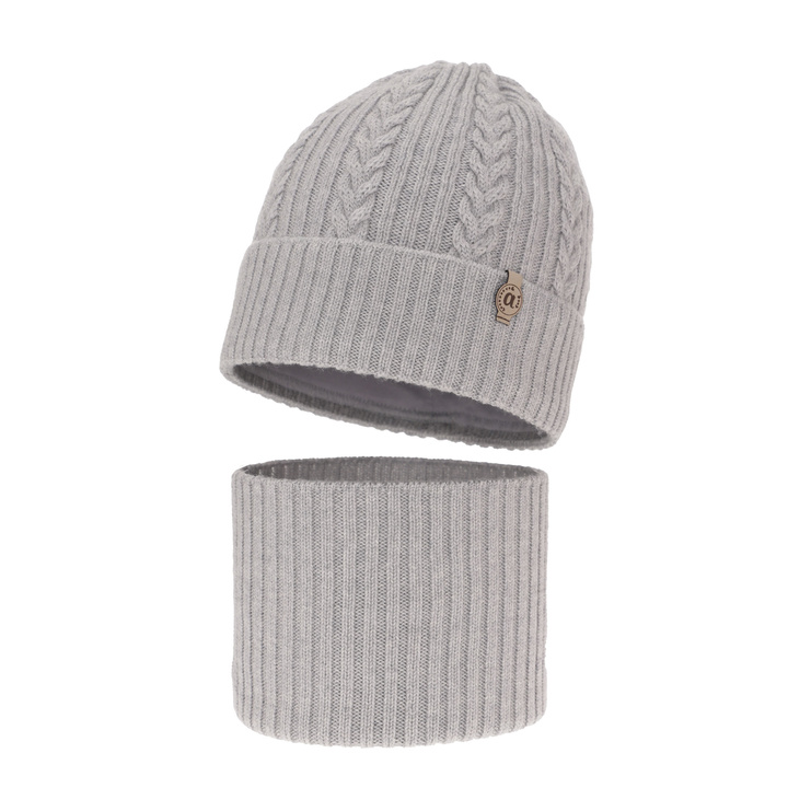 Komplet zimnej dívčí: čepice a tunel šedý 100% extra fine merino vlna Jenny