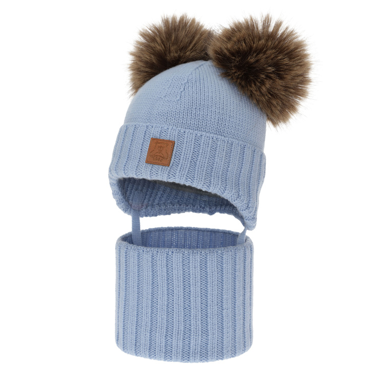 Chlapecká čiapka a nákrčník, zimný set, svetlo modrý, 100% merino vlna, podšitý vlneným polaram, Ronik