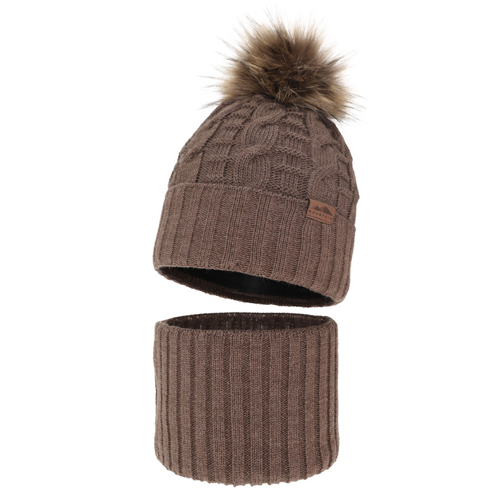 Komplet zimný chlapčenský: čiapka a tunel hnědý s bambuľou Cent