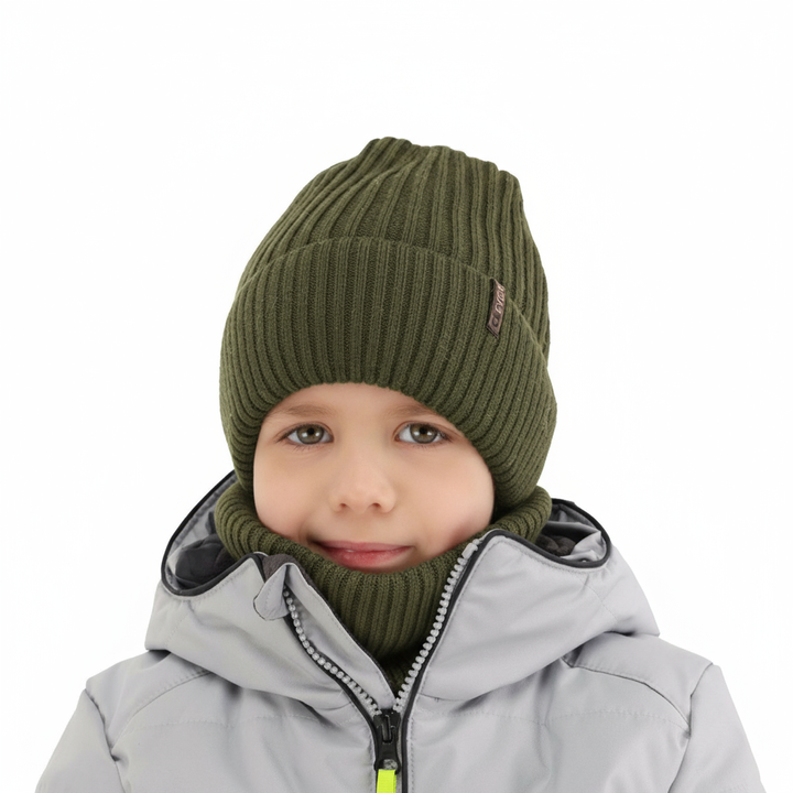 Komplet zimný chlapčenský: čiapka a šál, khaki, 100% merino vlna Gizmo