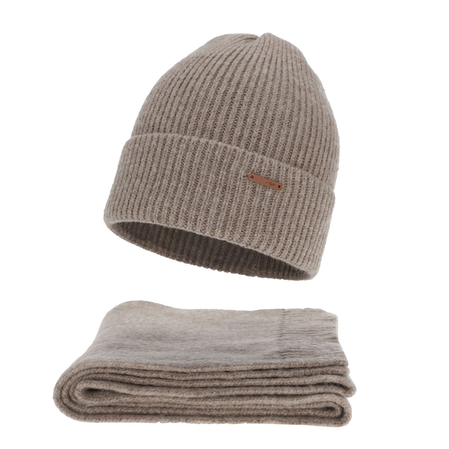 Komplet zimní dámský: čiapka a šála, tmavobéžový, s merino vlnou, Seala