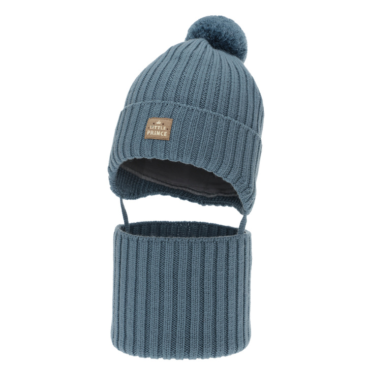 Komplet zimní chlapecký: čiapka a tunel, modrý, 100 % merino vlnený, podšitý bavlnou, zaväzovací, Masil