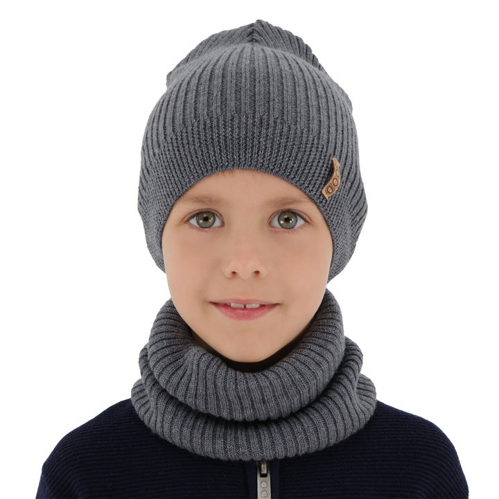 Chlapčenská čiapka a komín, jesenný/jarný set šedý 100% vlna extra jemná merino Chester