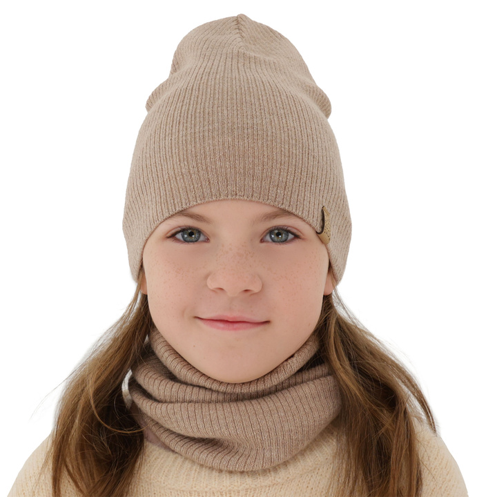 Jesenný/jarný dievčenský set: čiapka a tunel béžový 100% lână merino extra fină Ricona