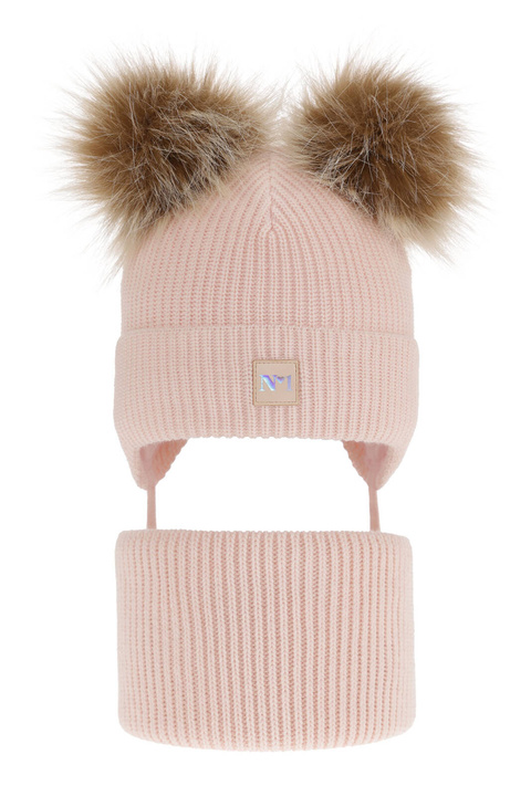 Komplet zimnej dívčej: čiapka a tunel růžový s dvoma bambuľami Kiara