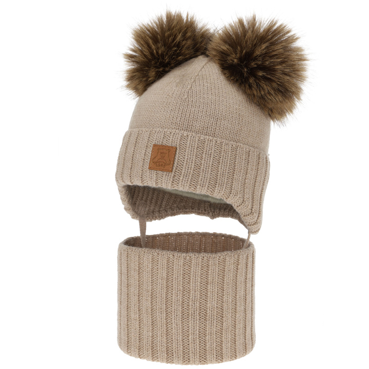 Chlapecká čiapka a nákrčník, zimný set, béžový, 100% merino vlna, podšitý vlneným polaram, Ronik