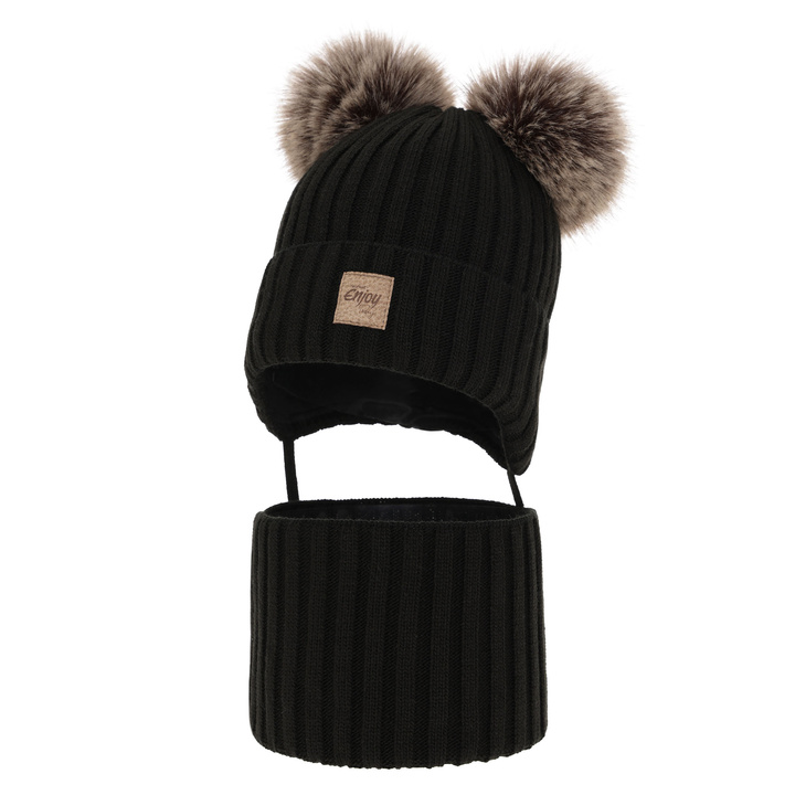 Kompletná zimná detská sada: černý čiapka a šál s dvoma mašľami Orange