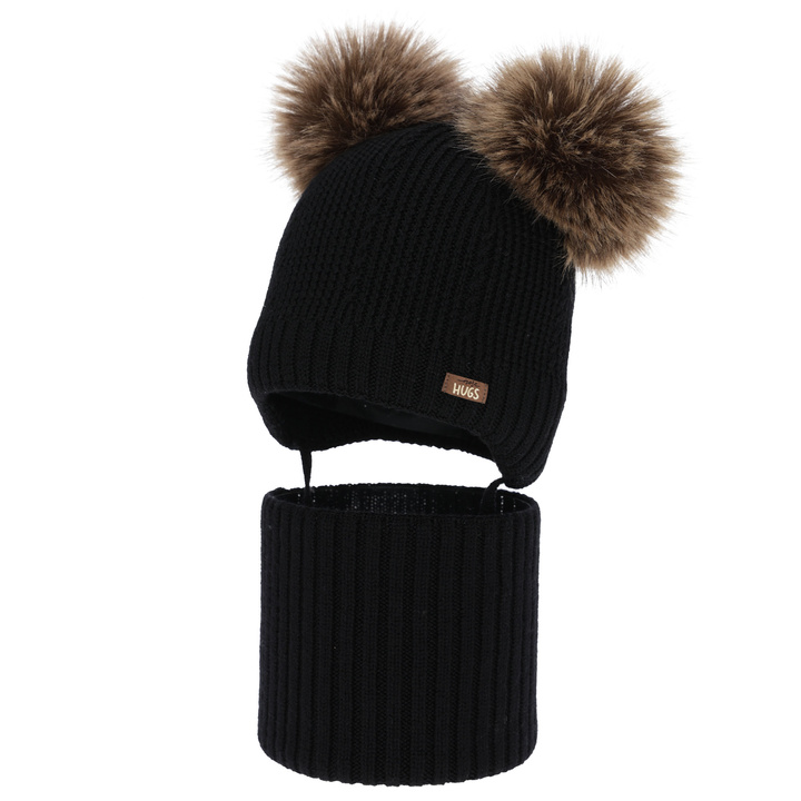 Chlapecká čiapka a nákrčník, zimný set, čierny, 100% merino vlna, podšitý vlneným polaram, Lumio