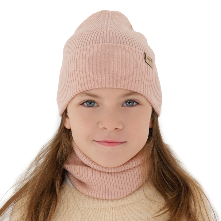 Komplet podzimní, jarní dívčí: čiapka a tunel, krémový, 100 % merino vlnená, Magenta