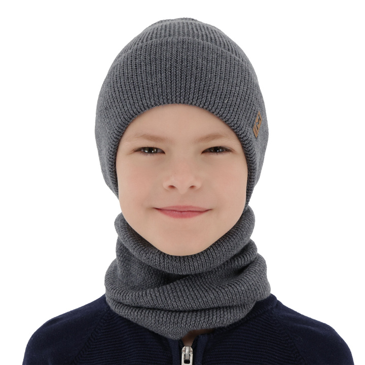 Chlapčenská čiapka a komín, jesenný/jarný set šedý 100% vlna extra jemná merino Bruce