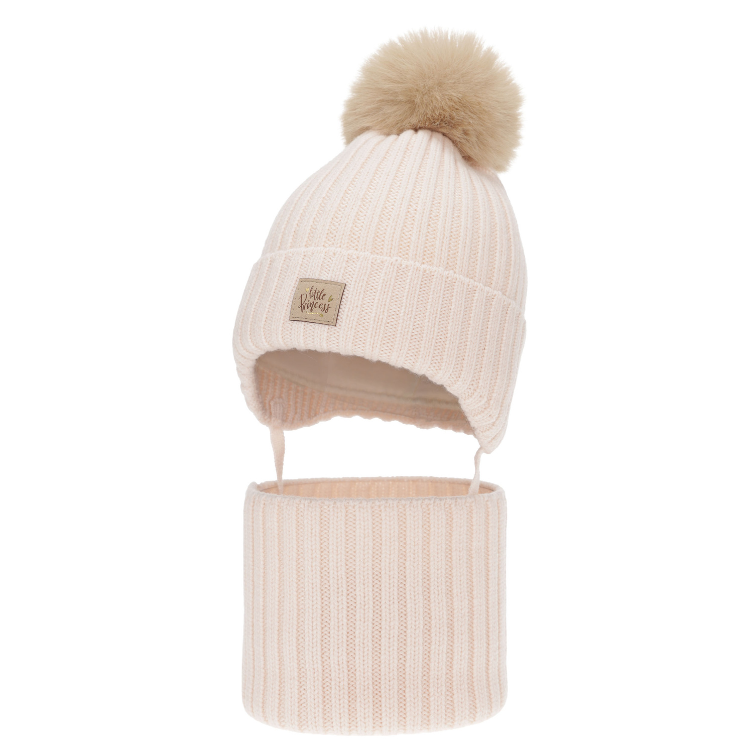 Komplet zimní dívčí: čiapka a tunel, svetloružový, 100 % merino vlnený, zaväzovací, podšitý bavlnou, Malesia