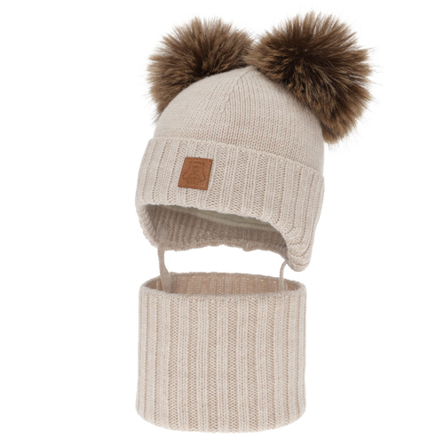 Chlapecká čiapka a nákrčník, zimný set, svetlo béžový, 100% merino vlna, podšitý vlneným polaram, Ronik