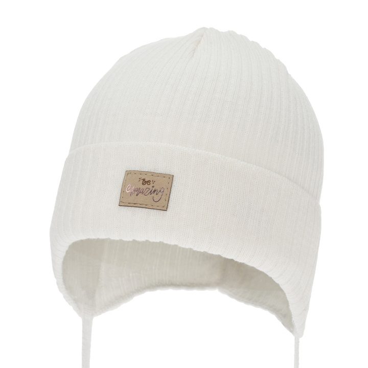 Dívčí podzimní/jarní čiapka, biela, zaväzovacia, s bavlnou, Tindra