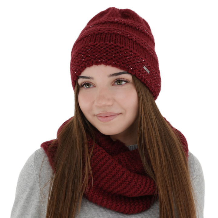 Komplet zimný dámský: čiapka a tunel, bordový, s merino vlnou, Driva
