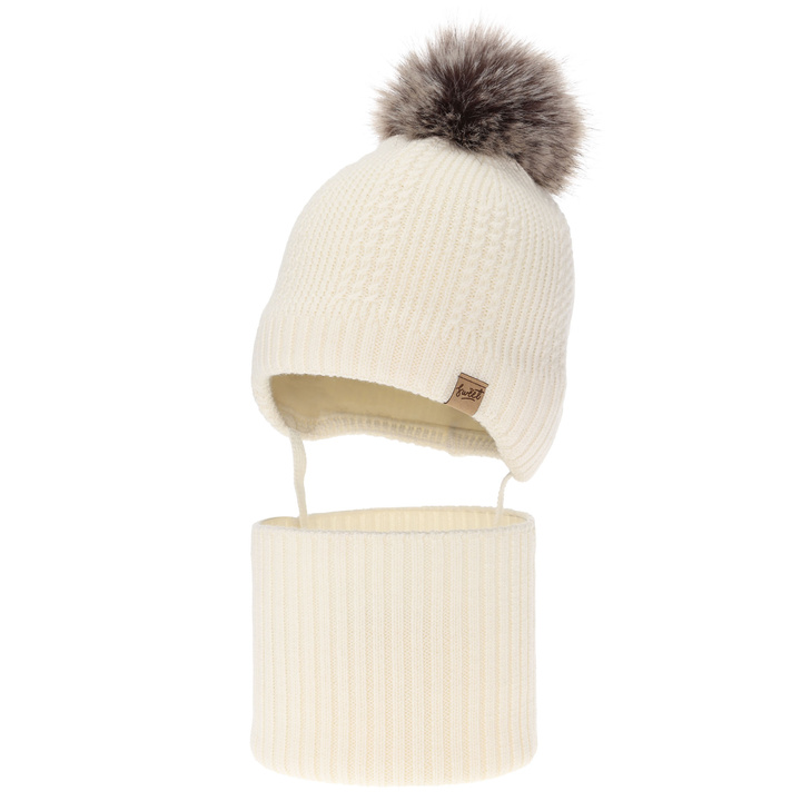 Chlapecká čiapka a nákrčník, zimný set, krémový, 100% merino vlna, podšitý vlneným polaram, na zaväzovanie Danny
