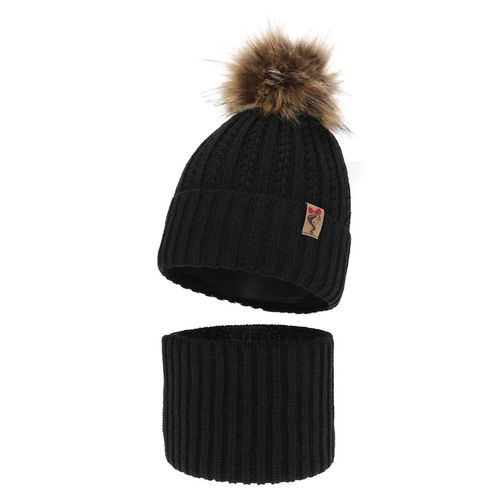 Zimná dievčenská súprava: čiapka a tunel černý s bambulou Larina