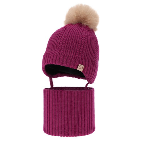 Čiapka a tunel dívčí zimní komplet, amarantový, 100% merino vlnený, podšitý vlneným fleecom, zaväzovací Danielle
