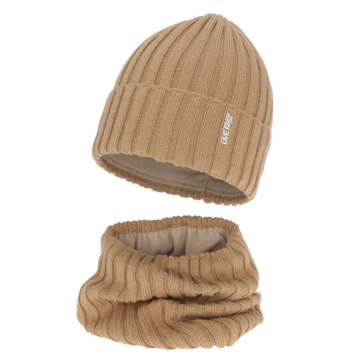 Komplet zimní chlapecký: čiapka a tunel, camel, s merino vlnou, podšitý polaram, Banasko