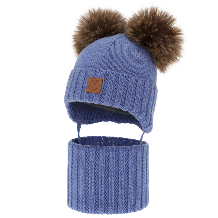 Chlapecká čiapka a nákrčník, zimný set, modrý, 100% merino vlna, podšitý vlneným polaram, Ronik