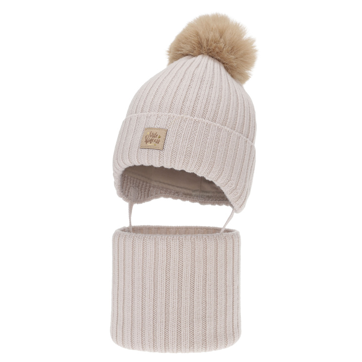 Komplet zimní dívčí: čiapka a tunel, béžový, 100 % merino vlnený, zaväzovací, podšitý bavlnou, Malesia