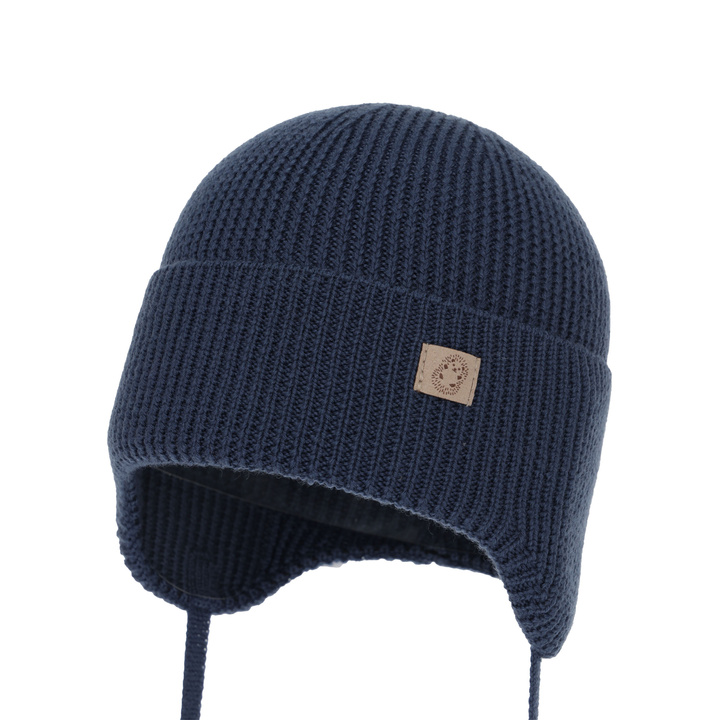 Chlapecká zimní, podzimní, jarní čiapka, 100 % merino vlnená, zaväzovacia, tmavomodrá, Bakadi