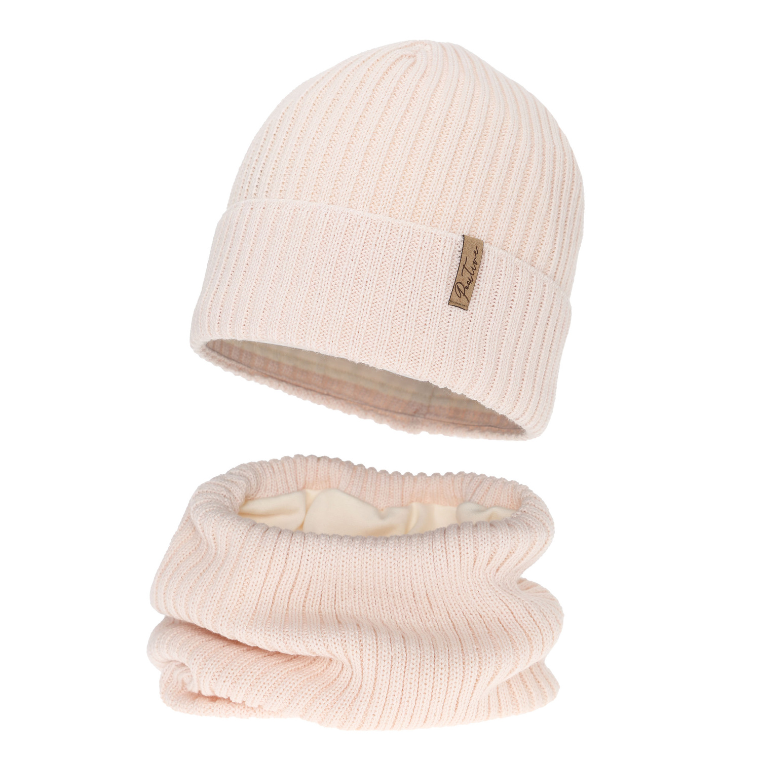 Čiapka a tunel podšitý fleecom pre dievča, zimný komplet, ružový, s merino vlnou, Odette