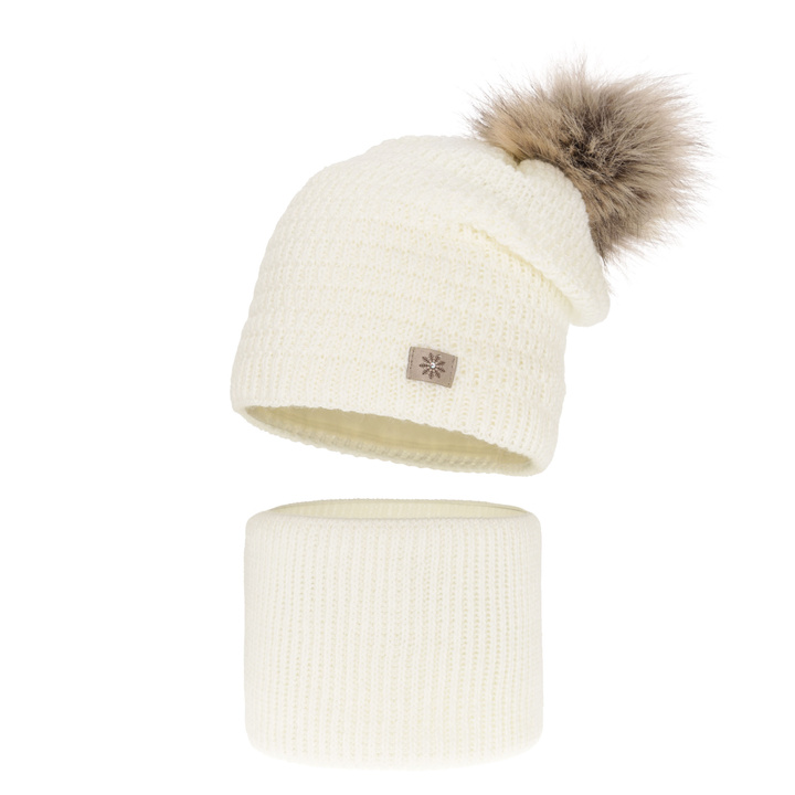 Zimná dievčenská súprava: čiapka a tunel krémový s bambulou Germina