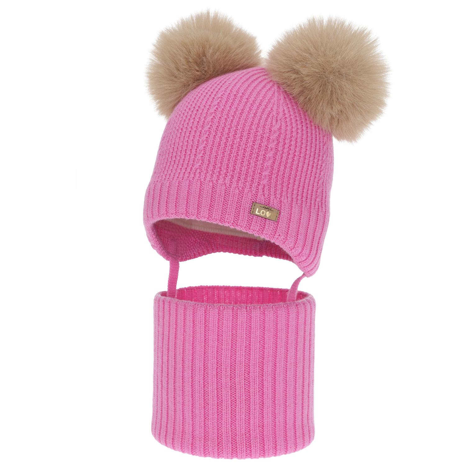 Dievčenská čiapka a nákrčník, zimný set, ružový, 100% merino vlna, podšitý vlneným polaram, Lumia