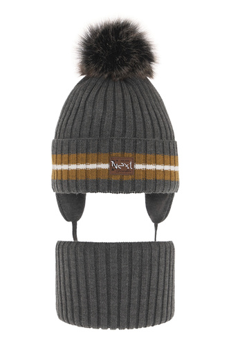 Komplet zimný chlapčenský: čiapka a tunel šedý s bambuľou Echo