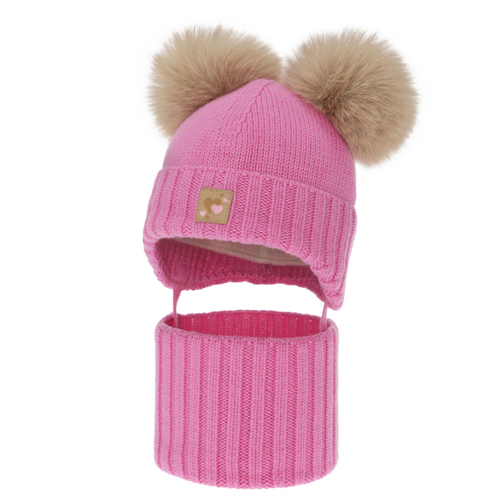 Dievčenská čiapka a nákrčník, zimný set, ružový, 100% merino vlna, podšitý vlneným polaram, Ronia