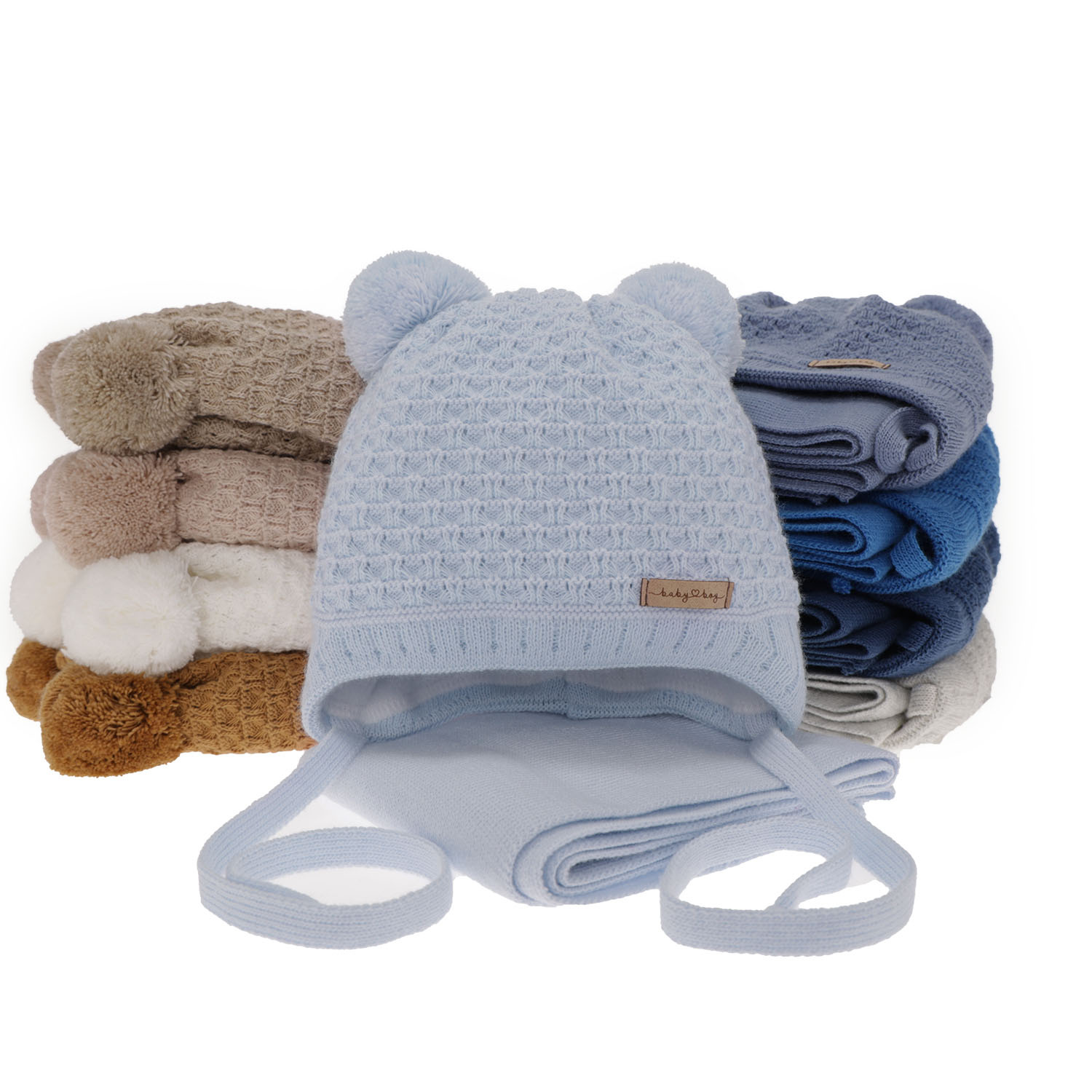 Komplet zimný chlapčenský: čiapka a šál camel s dvoma bambuľami Franki