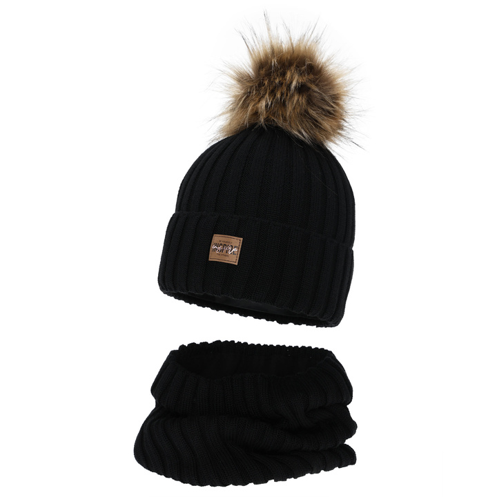 Komplet zimní dívčí: čiapka a tunel, čierny, podšitý polárnou fleece, s merino vlnou, Bellina