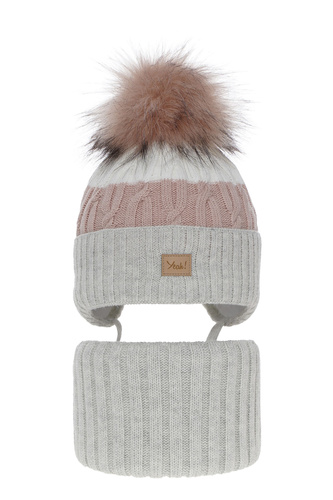 Zimný dievčenský set: čiapka a tunel šedý s bambulou Riviera