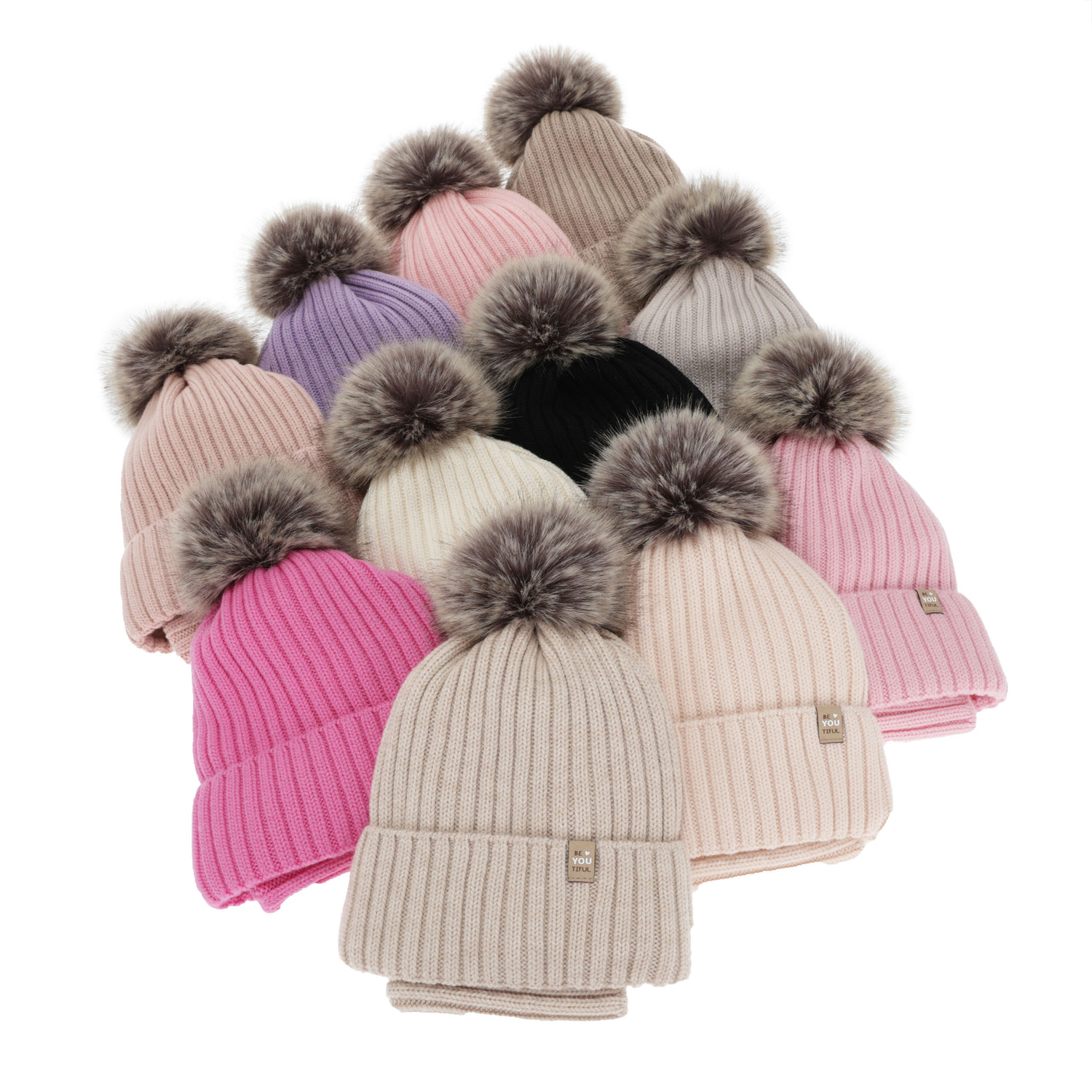 Komplet zimný dievčenský: čiapka a tunel, 100% merino vlnený, podšitý bavlnou, s brmbolcom, krémový, Terida