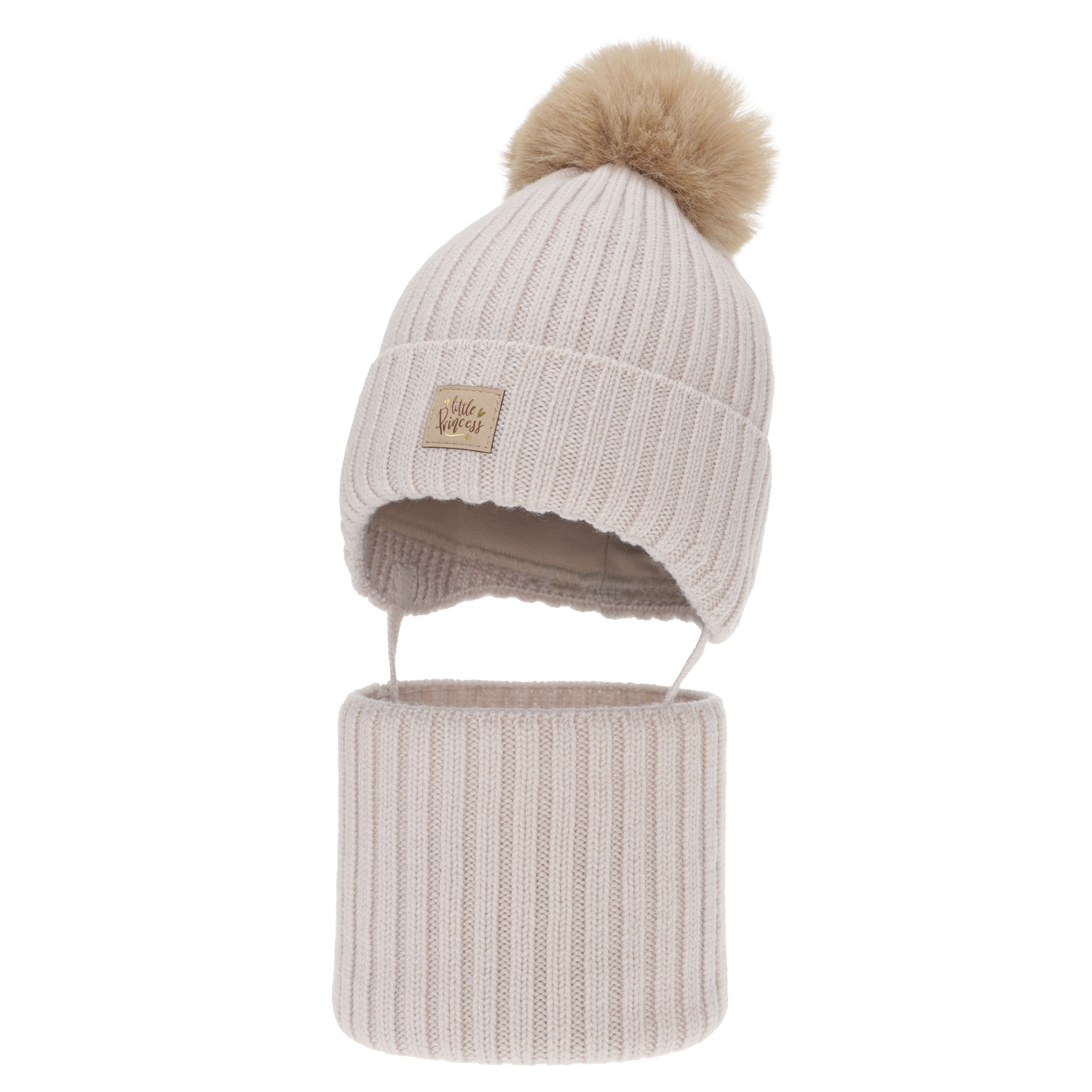 Komplet zimní dívčí: čiapka a tunel, béžový, 100 % merino vlnený, zaväzovací, podšitý bavlnou, Malesia