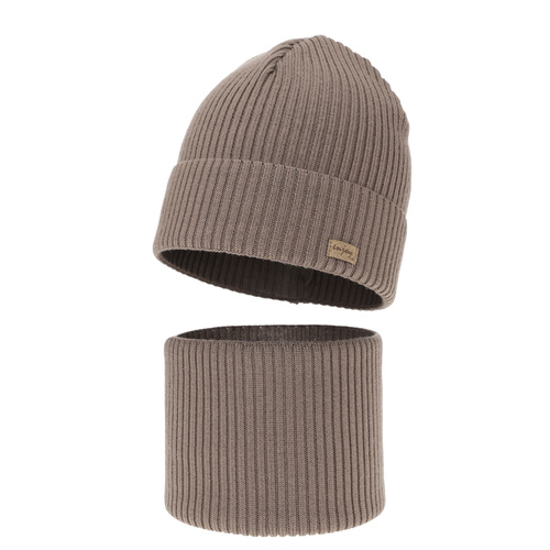 Komplet podzimní, jarní chlapecký: čiapka a tunel, tmavobéžový, 100 % merino vlnený, Intro