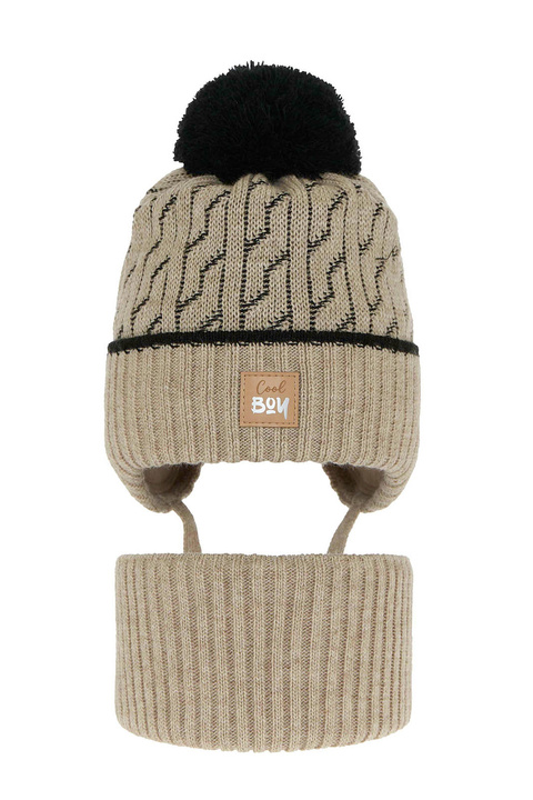 Chlapčenský zimný set: čiapka a tunel béžový s bambulou Pikolo